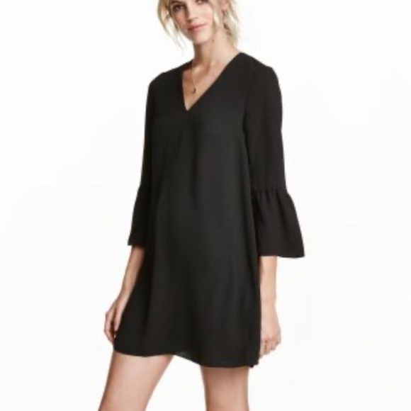 H&M Flare Sleeve Mini Shift Dress in Swiss Dot Black Brown - Picture 1 of 9